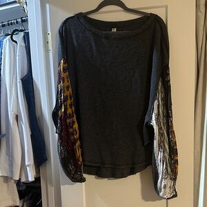 We The Free Charcoal Top with Colorful Patchwork Sleeves